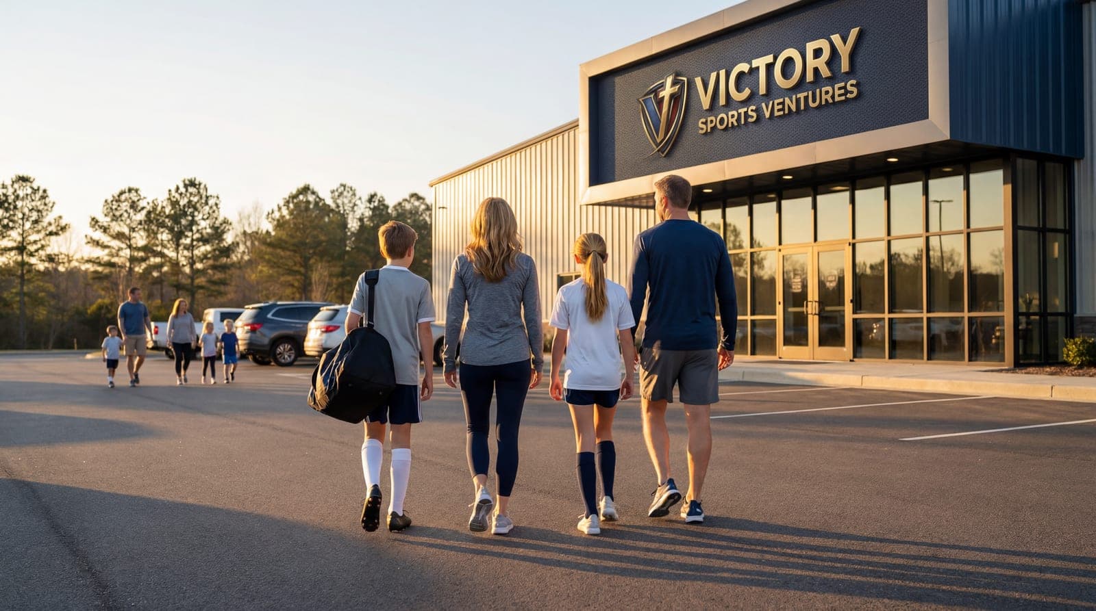 Concept illustration of a family arriving at a sports destination