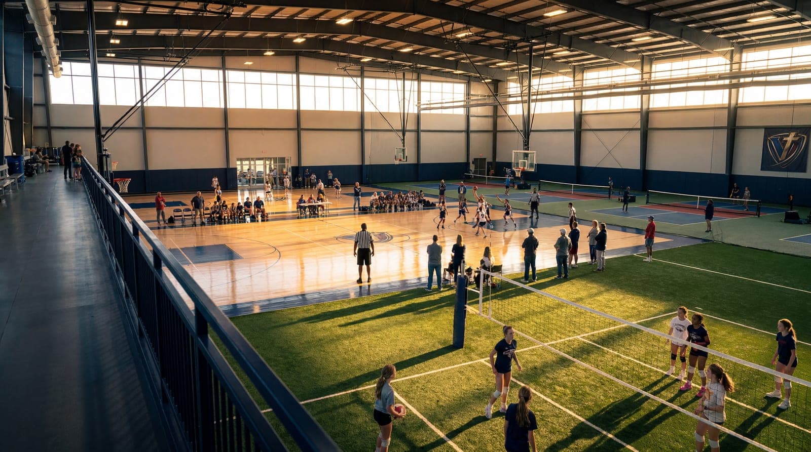 Sunlit indoor fieldhouse with basketball courts and indoor turf hosting volleyball and training