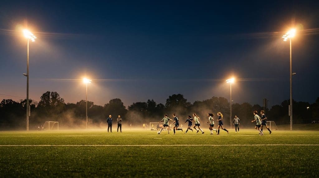 Players mid-match under tall stadium lights at night, mist glowing across the turf