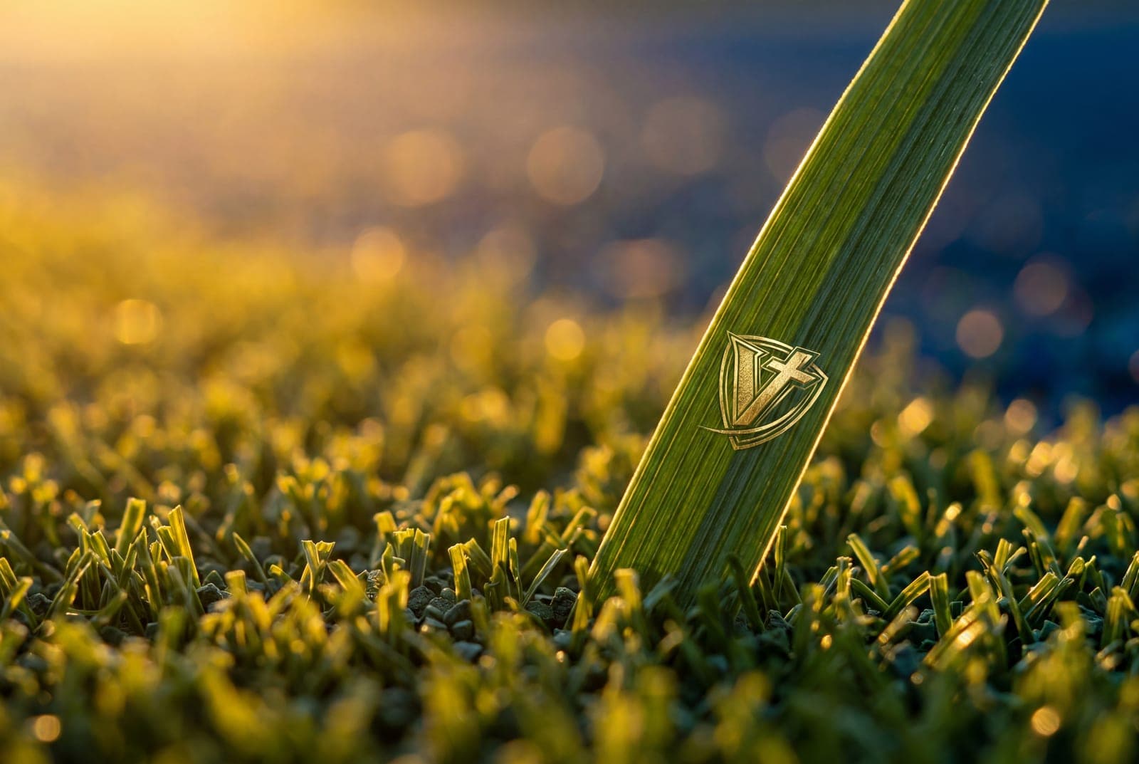Macro close-up of a synthetic turf blade embossed with the VSV shield, backlit by sunrise