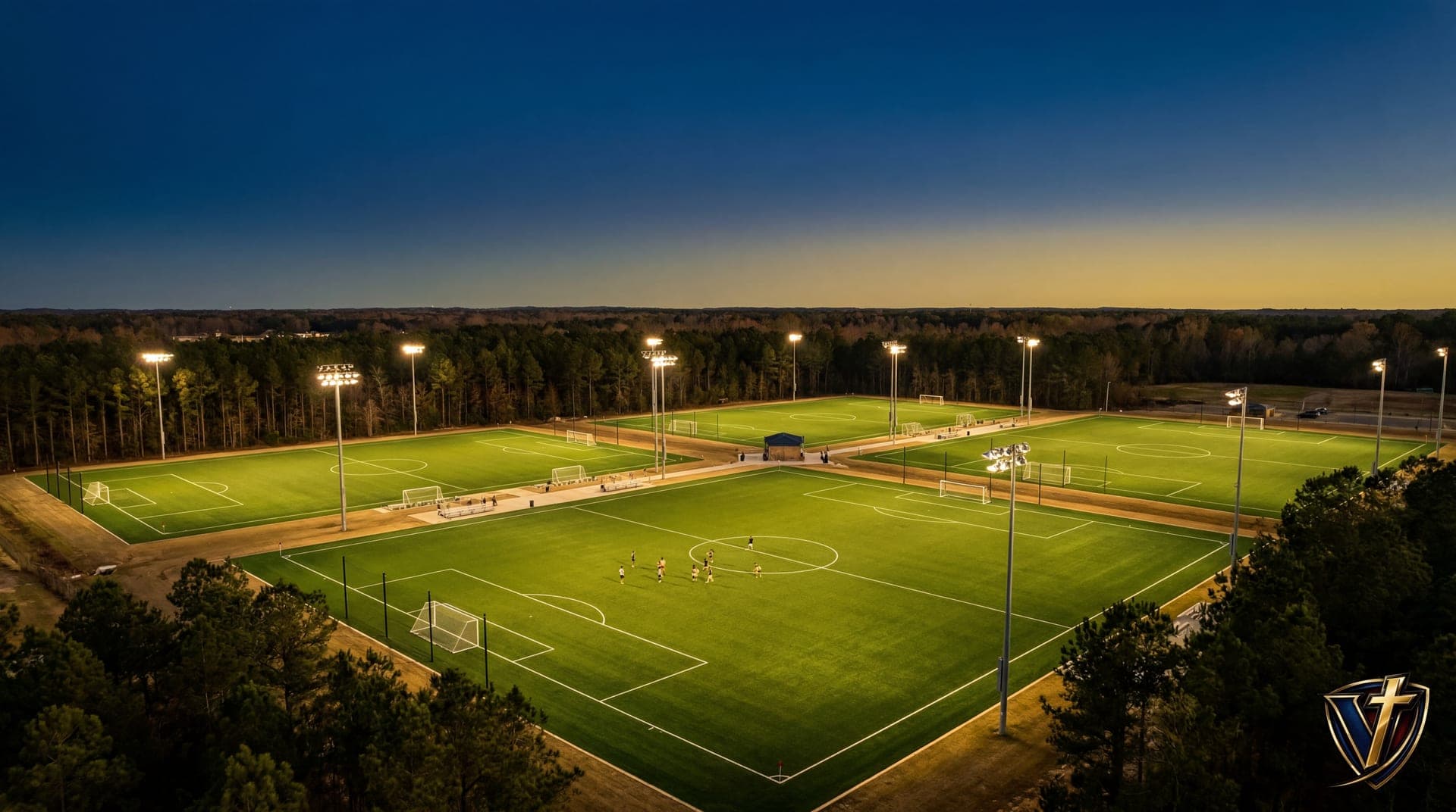 Dusk aerial of four lighted turf fields glowing against the treeline at The Lake District campus