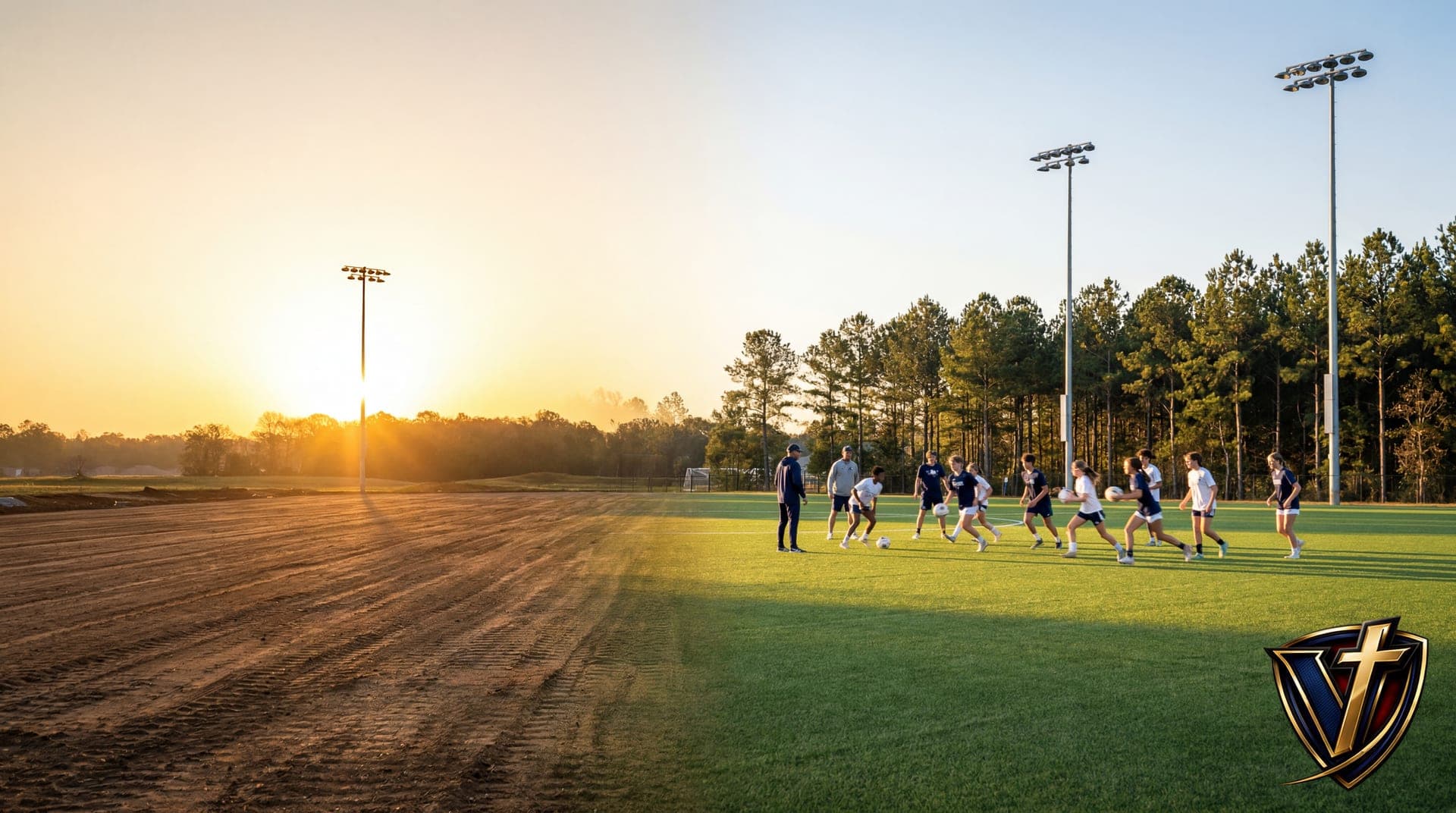 Graded earth on one side, finished turf with players training at sunset on the other — a campus mid-build