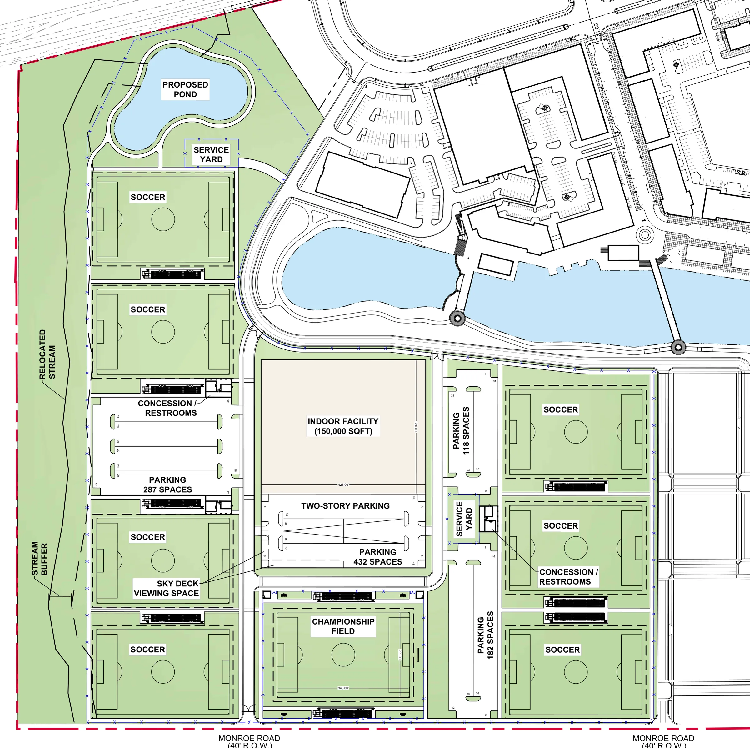 A2H conceptual site plan — campus crop showing the eight fields, the stadium, and the fieldhouse