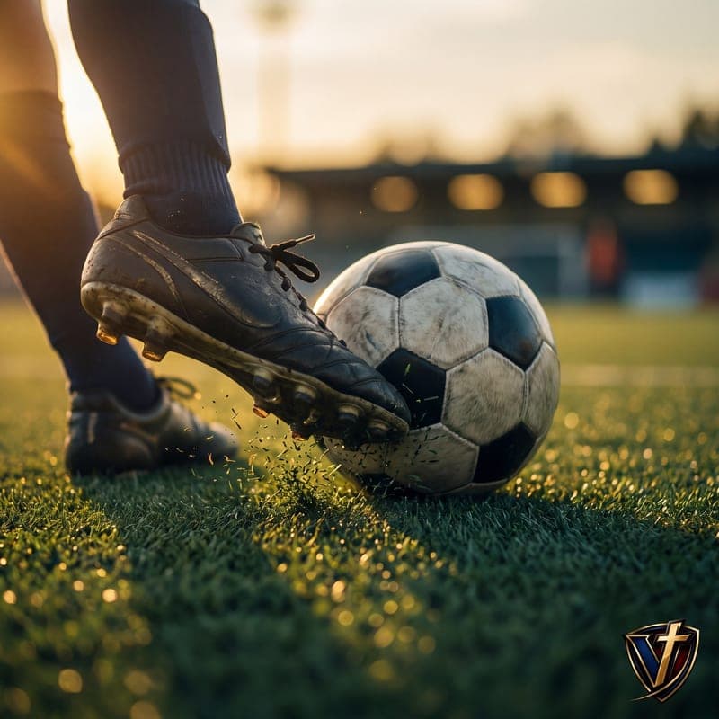 Concept illustration of a soccer boot meeting a ball on turf