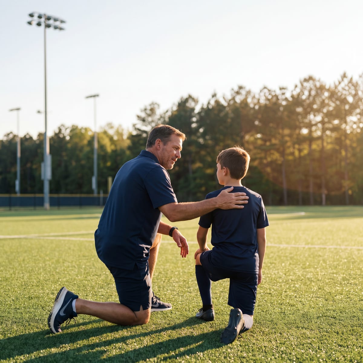 A coach kneels beside a young athlete on a turf field at golden hour, hand on shoulder, both looking out toward the field
