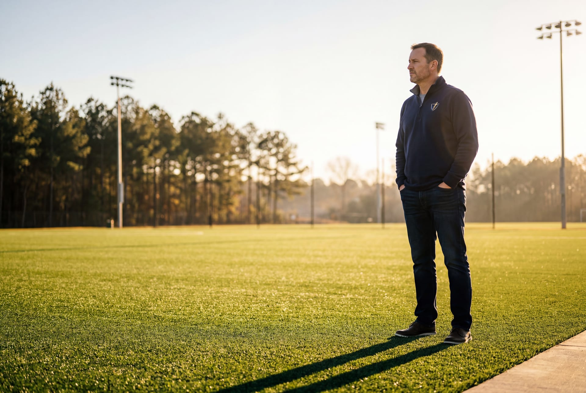 VSV founder at the edge of a green turf field at golden hour