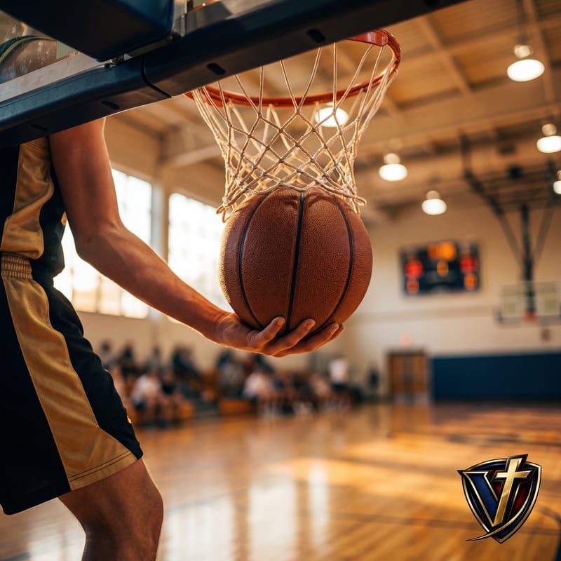 Basketball halfway through the net on premium hardwood