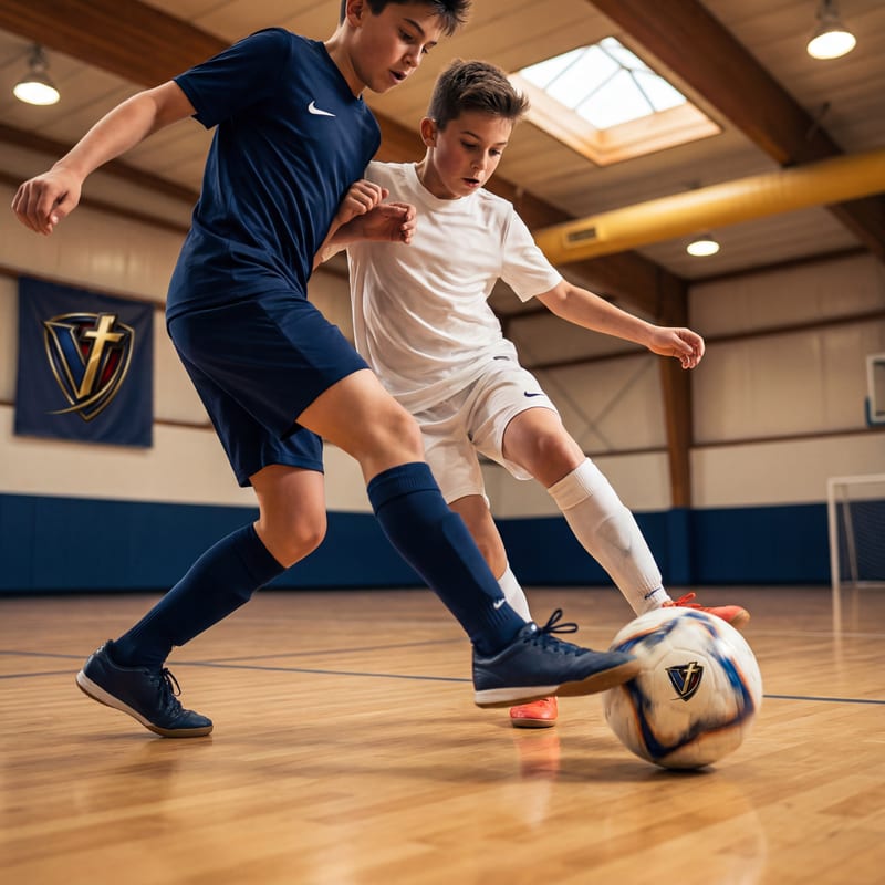 Indoor futsal action — two youth athletes competing for the ball