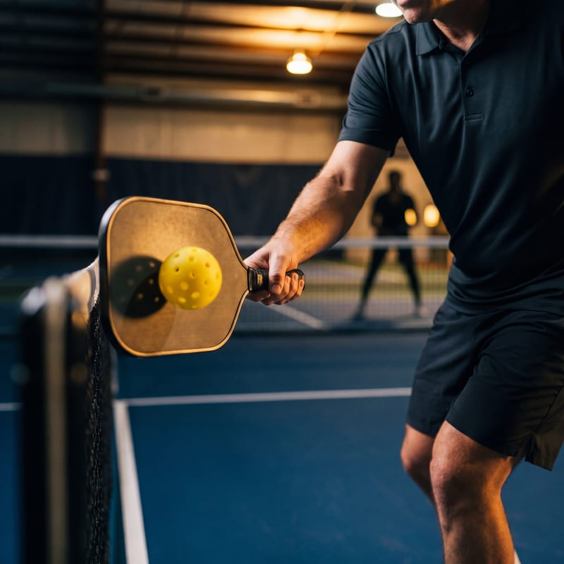 Pickleball paddle making contact with the ball at the net